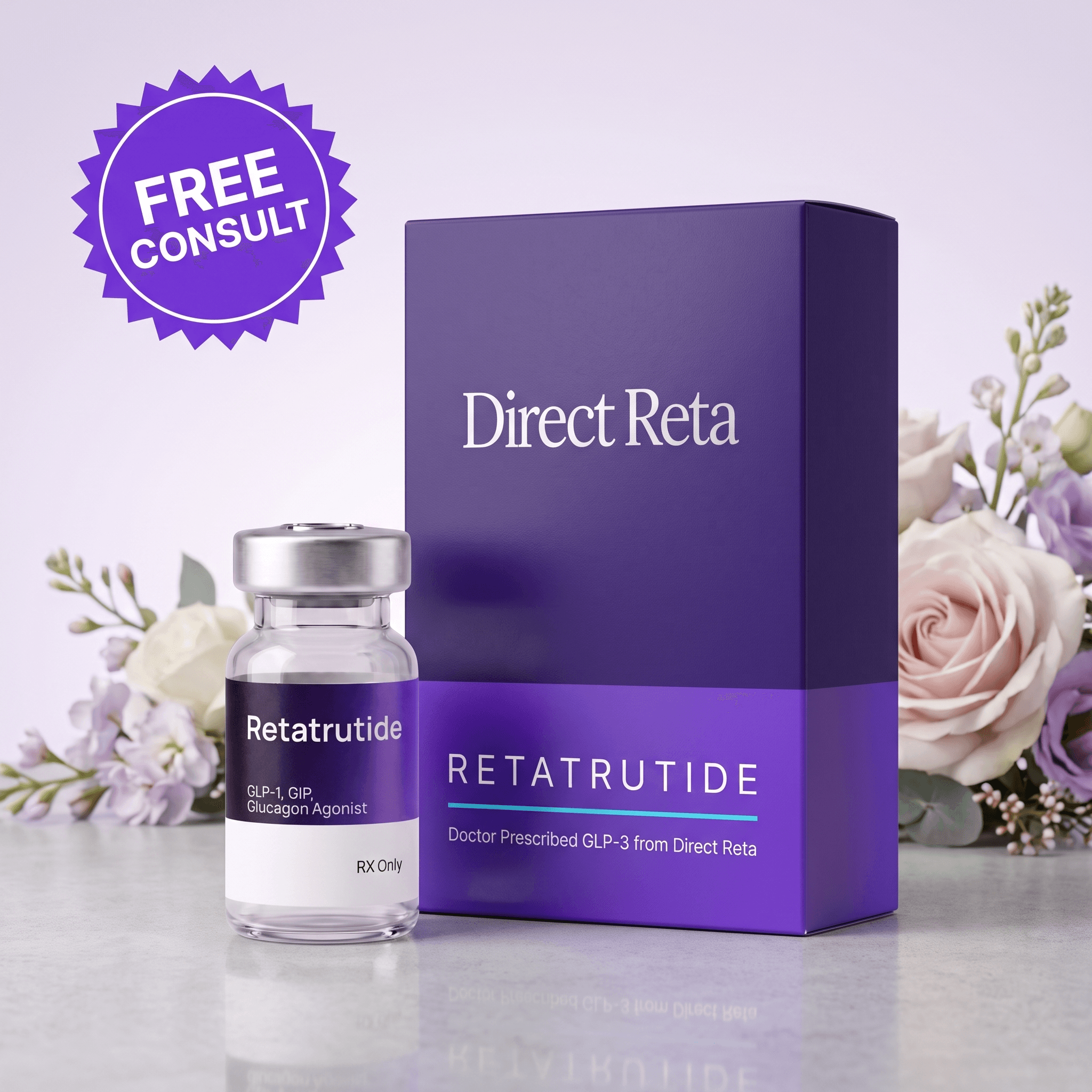 Direct Reta Retatrutide product box and vial, free consult